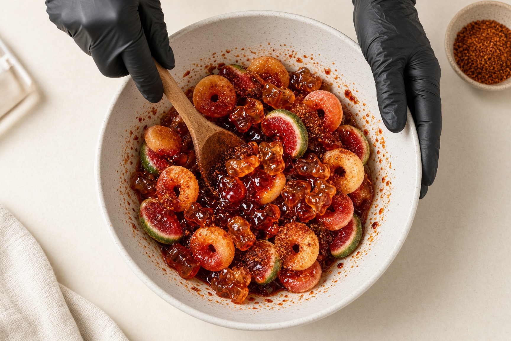 Black kitchen gloves mixing chamoy-covered candy in a bowl